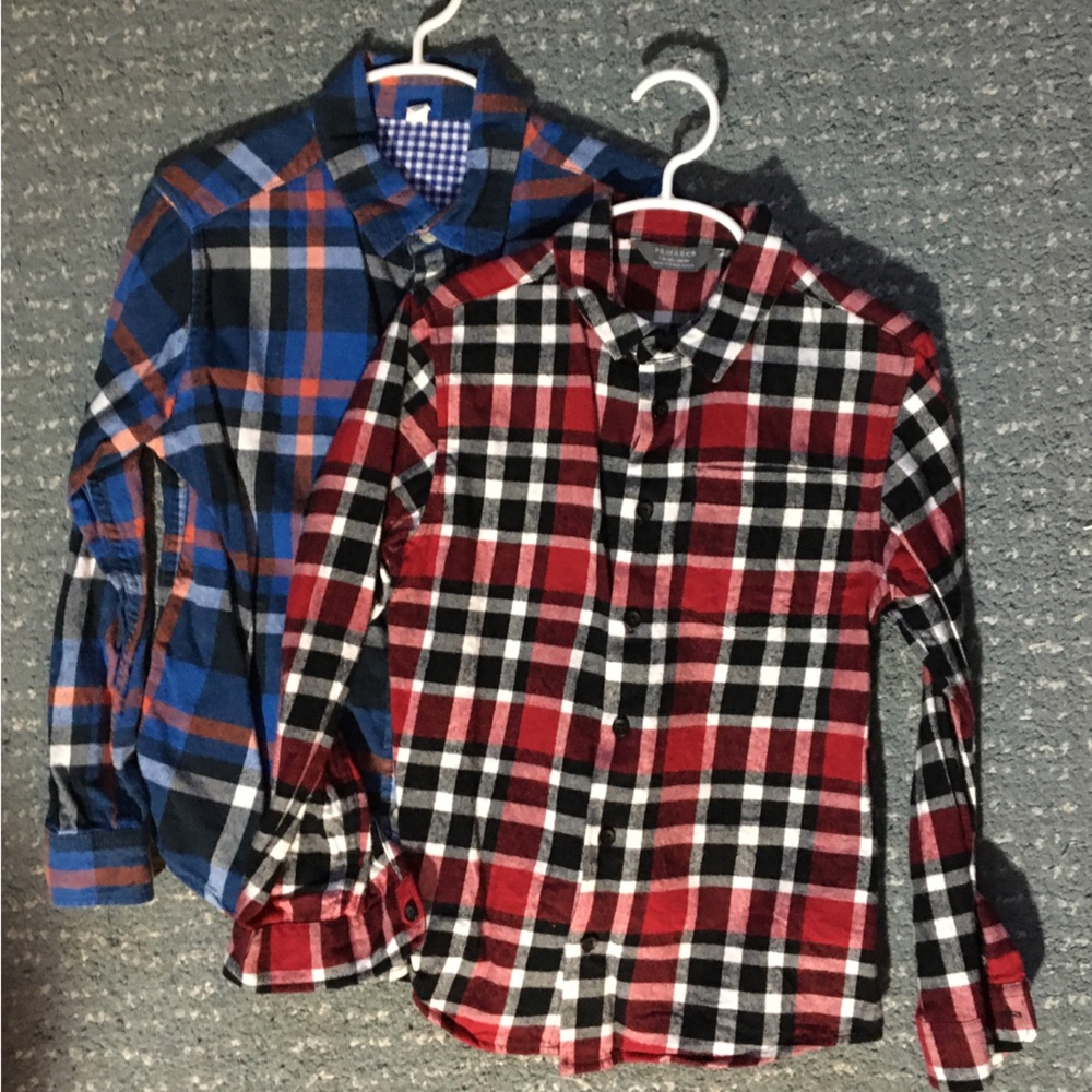 Classic Plaid Flannel Button-Up Shirts - Red and Blue 7/8